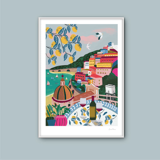 Illustration Travel Poster of Positano, Amalfi Coast in Italy with Lemon Trees and Colourful houses by Studio Peers