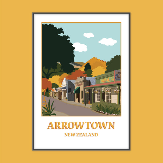 Illustration of Buckingham Street in Arrowtown New Zealand by artist Studio Peers, gift shop in Queenstown A4 Framed Art Print