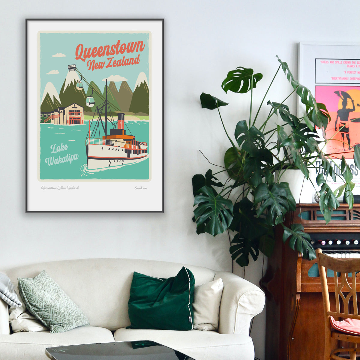 Travel Poster of Queenstown New Zealand by Illustrator Emma Peers from Studio Peers.  Affordable Wall art for your home.