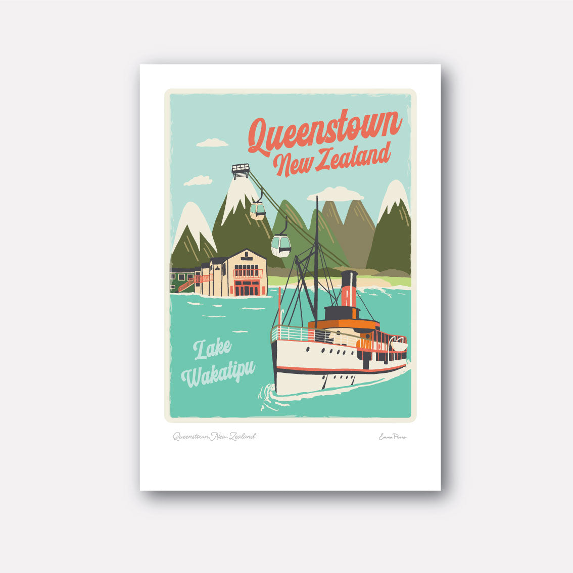 Travel Poster of Queenstown New Zealand by Illustrator Emma Peers from Studio Peers.  Retro Travel illustration.