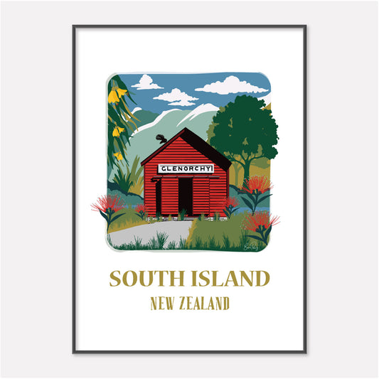 Travel Art Poster of the Little Red Hut in Glenorchy, South Island New Zealand