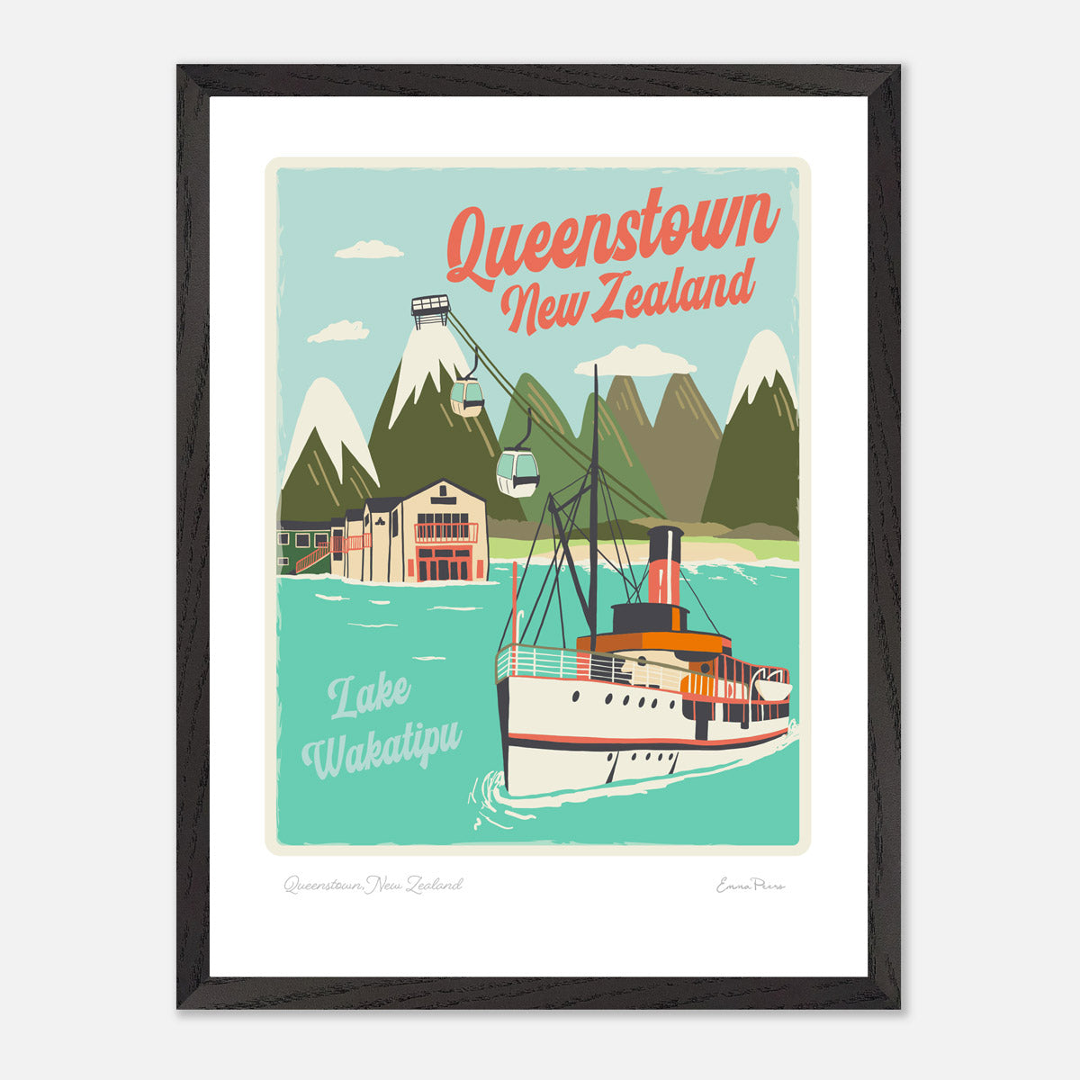 Framed Travel Poster of Queenstown New Zealand. Illustration Art Print of Queenstown, New Zealand by Studio Peers showing lake wakatipu, skyline gondola and The Earnslaw A3 size