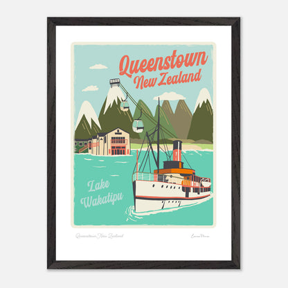 Framed Travel Poster of Queenstown New Zealand. Illustration Art Print of Queenstown, New Zealand by Studio Peers showing lake wakatipu, skyline gondola and The Earnslaw A3 size