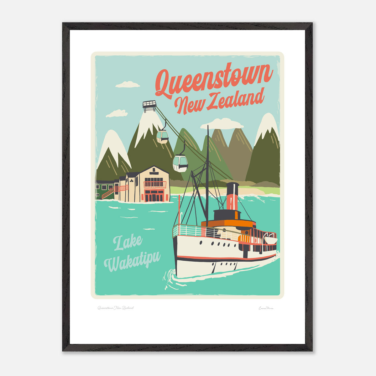 Framed Travel Poster of Queenstown New Zealand. Illustration Art Print of Queenstown, New Zealand by Studio Peers showing lake wakatipu, skyline gondola and The Earnslaw A2 size