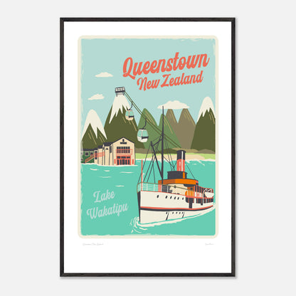 Framed Travel Poster of Queenstown New Zealand. Illustration Art Print of Queenstown, New Zealand by Studio Peers showing lake wakatipu, skyline gondola and The Earnslaw A1 size