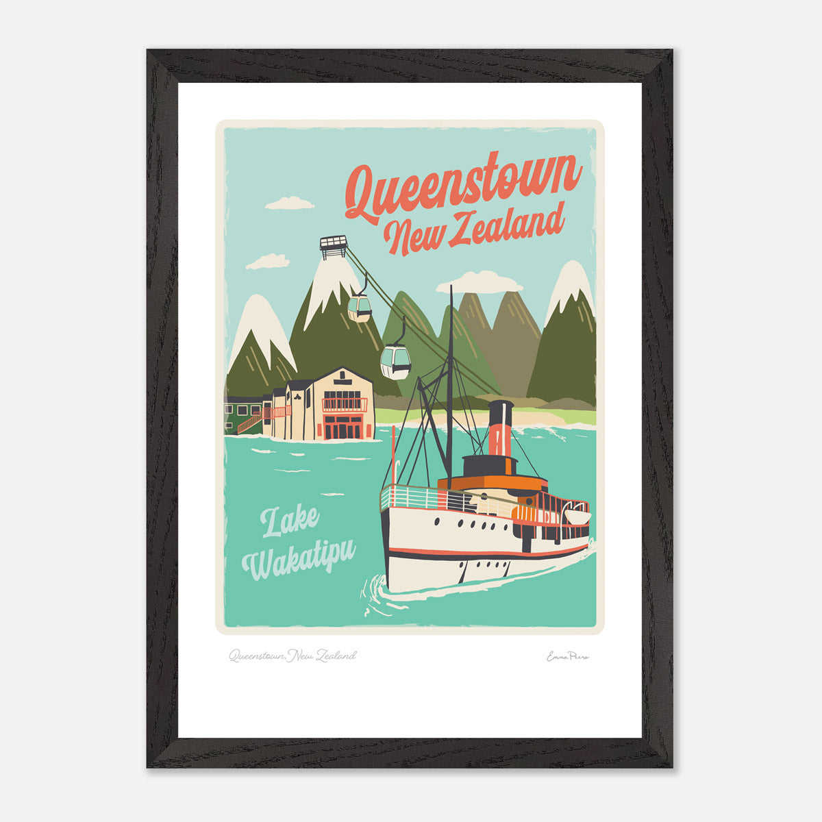 Framed Travel Poster of Queenstown New Zealand. Illustration Art Print of Queenstown, New Zealand by Studio Peers showing lake wakatipu, skyline gondola and The Earnslaw A4 size